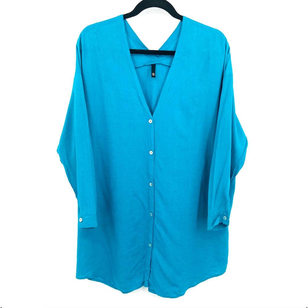 ViX PAULA HERMANNY Teal Blue Linen Blend Button Up Swim Cover Up Size Small